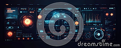 Futuristic smart home control interface featuring digital dashboard and holographic display with advanced analytics and Stock Photo
