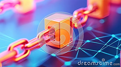 Explore the dynamic interplay of blockchain links with firewall grids and encryption, captured in a vibrant, modern illustration Stock Photo