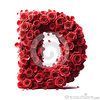 Letter D from the alphabet made of red roses and petals. Stock Photo