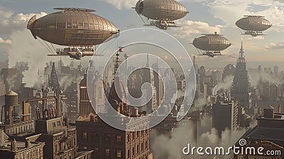 Steampunk Metropolis: Victorian Cityscape with Airships and Mechanical Marvels Stock Photo