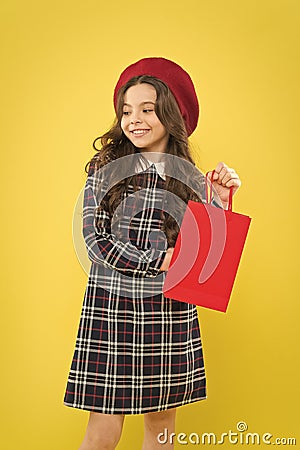 Explore fashion industry. Shopping and purchase. Black friday. Sale discount. Shopping day. Child hold package. Kids Stock Photo