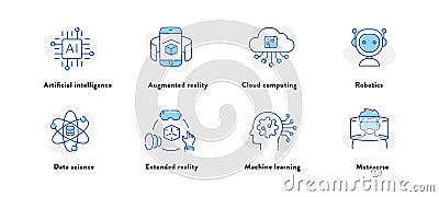 Explore the future of technology with this comprehensive icon set. From robotics and machine learning to blockchain. Vector Illustration