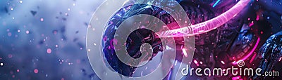 Explore a highangle view of a mythical creature seamlessly blending with robotic elements illuminated by a dynamic mix of stark Stock Photo