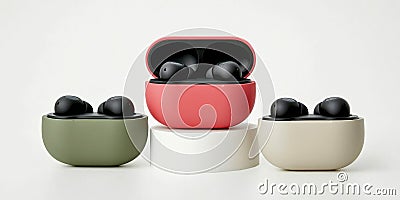 Stylish wireless earbuds in vibrant cases. The image features three cases in different colors, showcasing modern design Stock Photo