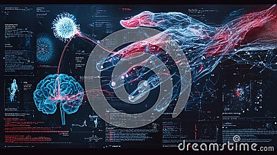 Explore the intricacies of health data analysis through a cyberpunk visualization of neural connections and interactions Cartoon Illustration