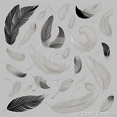 Intricate Fine Line Illustration: Detailed Grey and Black Feathers on a Subtle Grey Tone Cartoon Illustration