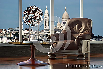 Luxurious 3D Interior Salon with Sculpture and View of Sacre-CÅ“ur, Paris Stock Photo