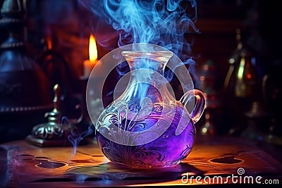 Enchanting witchcraft potion on table, light smoke around, Generative AI Stock Photo