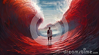 Red Wave: Surreal Painting of a Waterless Universe with Distorted Figures and Naturalistic Ocean Waves, Generative AI Stock Photo