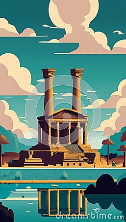 A lake surrounded by ancient ruins and forgotten temples. Landscape, Vector Art, Generative Ai Stock Photo