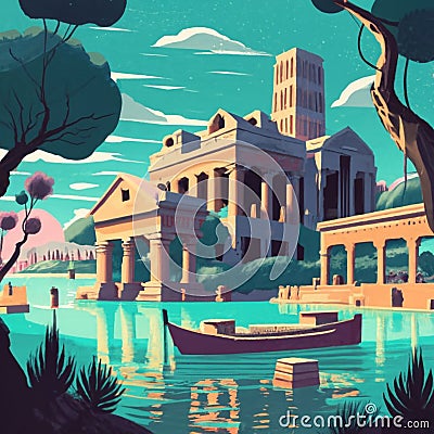 A lake surrounded by ancient ruins and forgotten temples. Landscape, Vector Art, Generative Ai Stock Photo