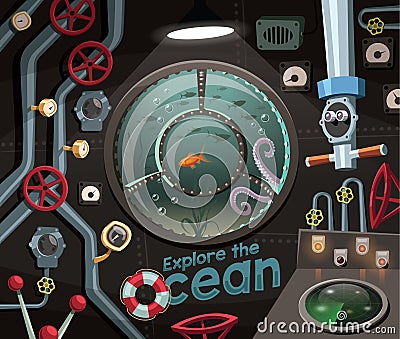 Explore the ocean , view under the sea from the submarine Cartoon Illustration