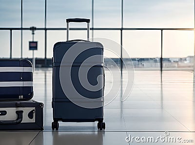 Explore our Stylish Luggage Collection at an Empty Blur Airport: Travel with Elegance and Convenience. Stock Photo