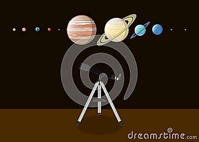 Explore planet with various kind of planet and telescope Vector Illustration