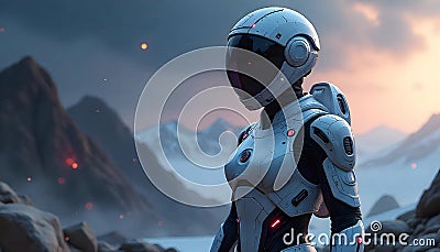 Explore the realms beyond Earth with this AI generated image, visualizing a cutting-edge design for a futuristic space suit. Stock Photo