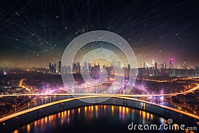 Vibrant city of the future with illuminated skyscrapers and intricate trails. Generative Ai Stock Photo