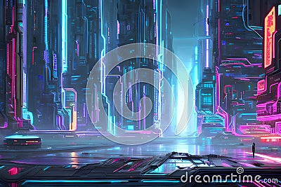 Explore a World Beyond Reality: A Circuit Cyberspace Cityscape with a Dynamic and Intriguing Design with Generative AI Stock Photo