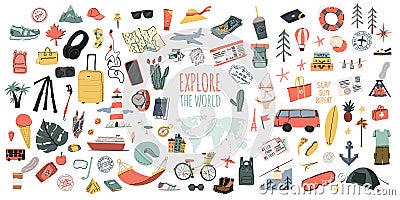 Explore the world. Hand drawn travel set. Summer vacation time doodle icons collection. Pins or stamps, prints or logos. Vector Illustration
