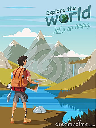 Explore the world,Let`s go hiking,A young man hikers looking at a beautiful nature Cartoon Illustration