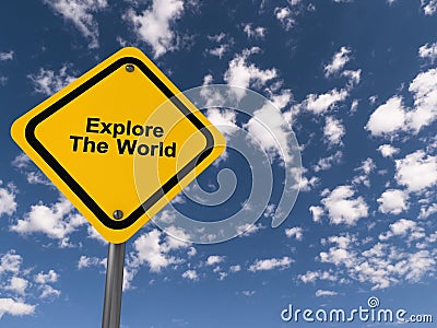 explore the world traffic sign on blue sky Stock Photo