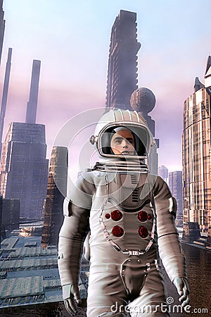 Explorer astronaut in alien city Cartoon Illustration