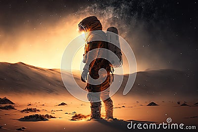 Explorer astronaut in desert on a fantastic planet Stock Photo