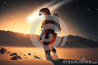 Explorer astronaut in desert on a fantastic planet Stock Photo