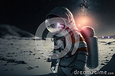 Explorer astronaut in desert on a moon Stock Photo