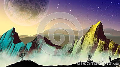 Explorer astronaut in sci-fi landscape with planet and mountains Stock Photo