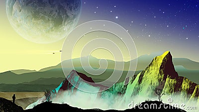 Explorer astronaut in sci-fi landscape with planet, mountains an Stock Photo