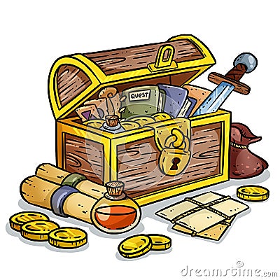 Explorer chest colorful illustration. Fantasy character chest with adventure items. Treasure hunter comic style doodle. Gold coins Cartoon Illustration