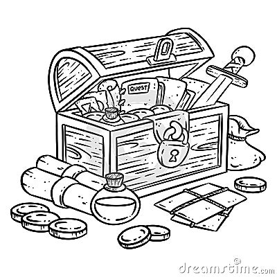 Explorer chest illustration for coloring. Fantasy character chest with adventure items. Treasure comic style doodle. Gold coins, Vector Illustration