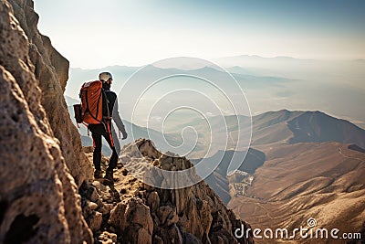 explorer, climbing treacherous mountain side, with view of breathtaking landscape visible Stock Photo