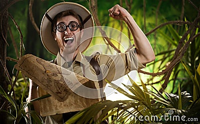 Explorer finding the right path in the jungle Stock Photo