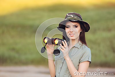 Explorer Girl with Camouflage Hat and Binoculars Stock Photo