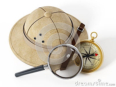 Explorer hat, magnifying glass and vintage compass.. 3D illustration Cartoon Illustration