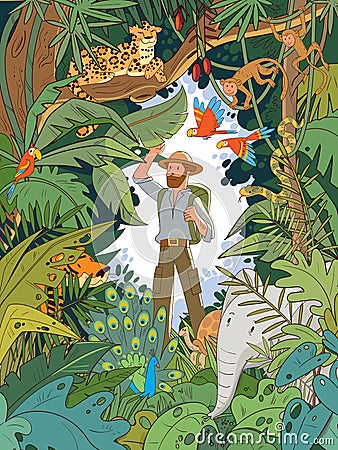 An explorer in the Indian jungle stands among the hidden animals Vector Illustration