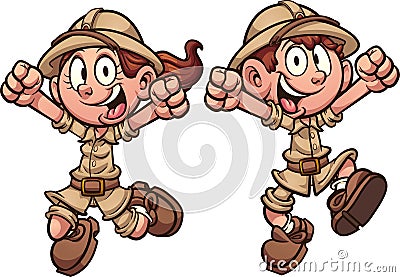 Happy cartoon explorer safari kids jumping Vector Illustration