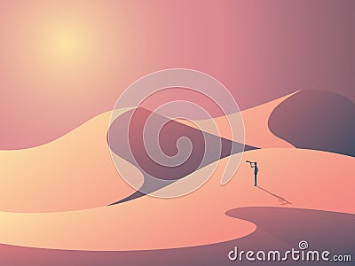 Explorer in sand dunes on a desert. Landscape vector illustration with man outdoors. Business symbol of vision, goals Vector Illustration