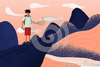 Explorers Man standing on top of mountain, cliff and sea. He is thumbs up for success on target. illustration flat design. Cartoon Illustration