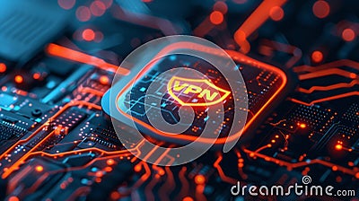 Exploring advanced online security technology with a visual representation of a VPN shield on a digital circuit Stock Photo