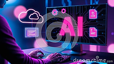 Exploring AI and Cloud Computing: A Futuristic Workspace with Digital Innovation Stock Photo