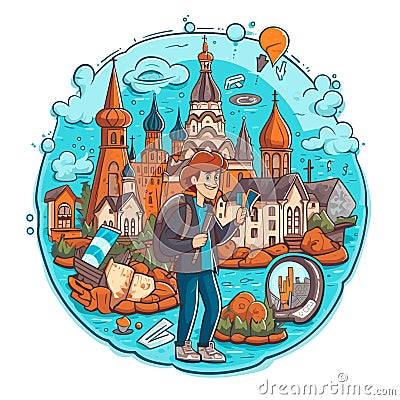 Exploring the big city on a road trip. Discovering hidden places using map navigation. Cartoon vector illustration Vector Illustration