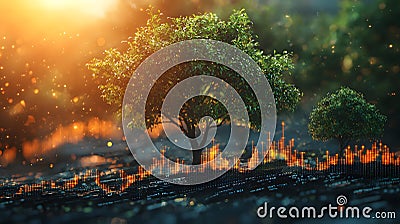 Exploring Business Growth Through Digital Trees and Dynamic Data Visualization in Nature's Light Stock Photo
