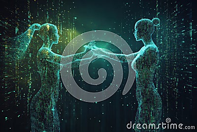 Exploring connection in an abstract digital realm with human silhouettes and floating matrix code. Generative AI Stock Photo