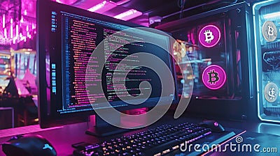 Exploring cryptocurrency mining setup with colorful lights and coding activity Stock Photo