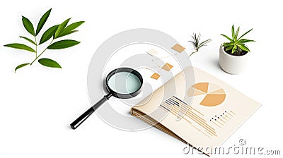 Exploring Data Analysis: Opened Book with Magnifier, Pie Charts, and Line Graph Stock Photo