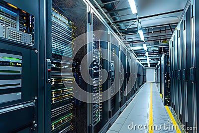 Exploring the Data Center, A Journey Through Rows of Servers, Illuminating the Complexities of Modern Computing Inf Stock Photo