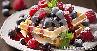 Exploring the Delectable Union of Crispy Waffles and Succulent Berries. Generative AI Stock Photo