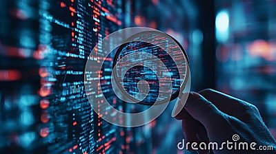 Exploring digital code a hand with a magnifying glass represents data analysis and software testing Stock Photo